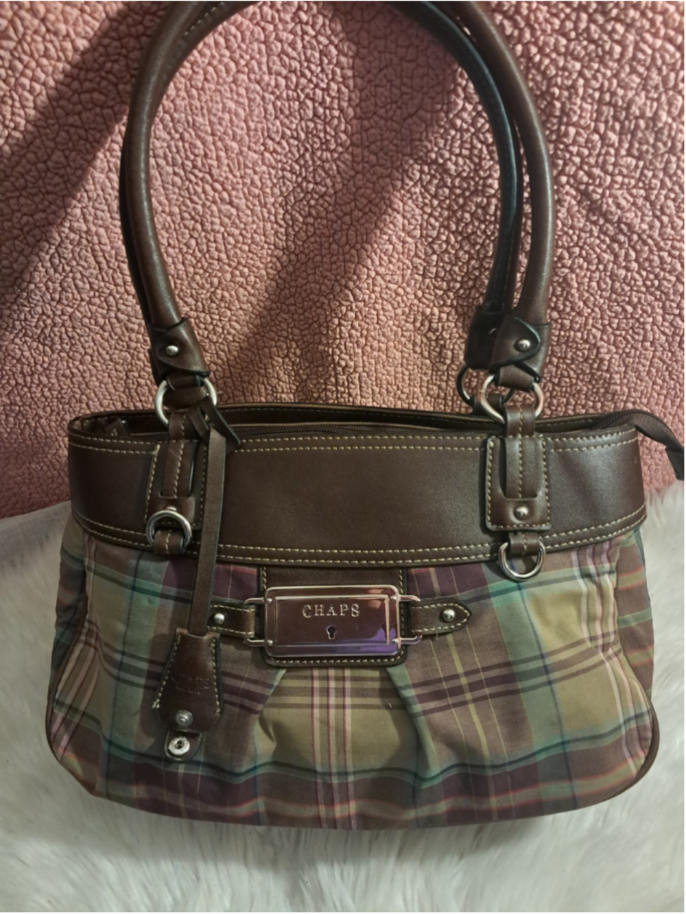 RETRO ACADEMIA GLAMOUR — VINTAGE Y2K CHAPS AUTUMN PLAID SATCKEL TOTE BAG W KEY
